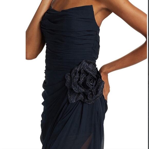 Oscar de la Renta Strapless Floral Appliqué Gown Navy Long Maxi Dress Crystal - Picture 3 of 13